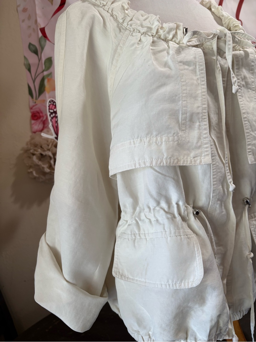 Ali Ro Cream Drawstring Ruffle-Neck Utility Jacket - Picture 3 of 11